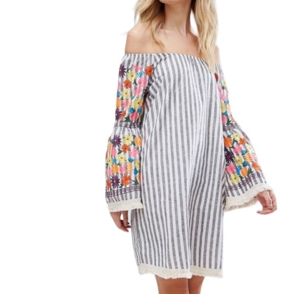 Velzera Striped Off Shoulder Vibrant Floral Embroidered Dress Medium - Picture 3 of 14